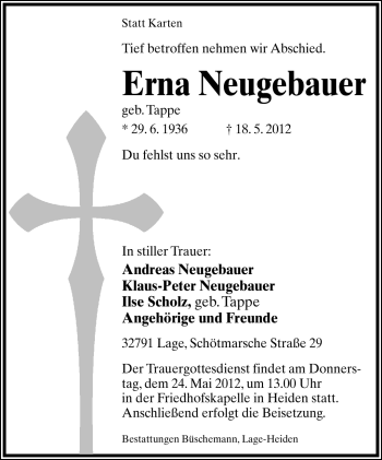 Anzeige  Erna Neugebauer  Lippische Landes-Zeitung