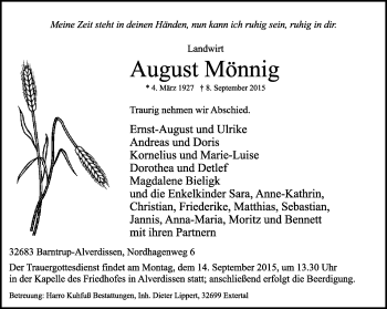 Anzeige  August Mönnig  Lippische Landes-Zeitung