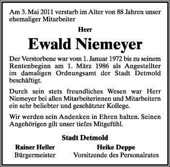 Anzeige  Ewald Niemeyer  Lippische Landes-Zeitung