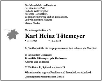 Anzeige  Karl Heinz Tötemeyer  Lippische Landes-Zeitung