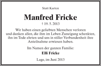 Anzeige  Manfred Fricke  Lippische Landes-Zeitung