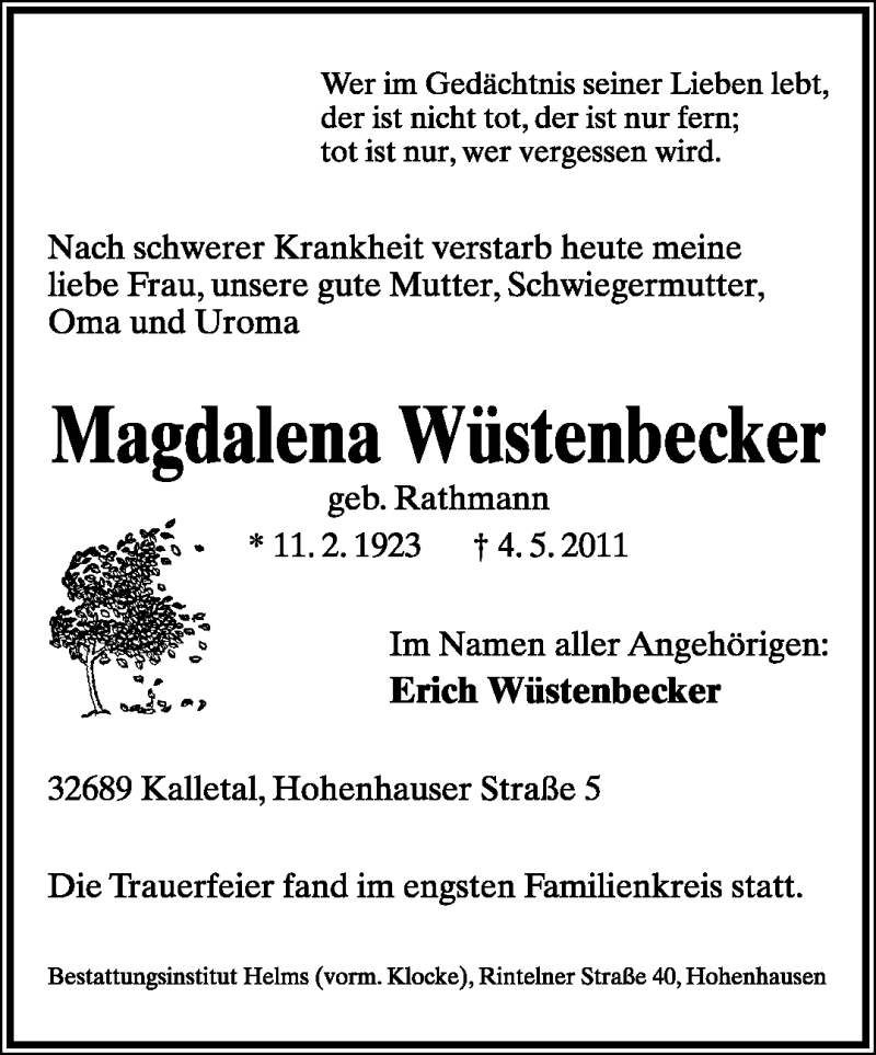  Traueranzeige für Magdalena Wüstenbecker vom 10.05.2011 aus Lippische Landes-Zeitung