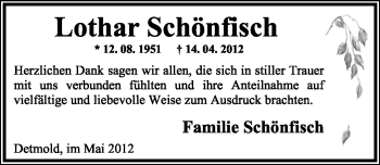 Anzeige  Lothar Schönfisch  Lippische Landes-Zeitung