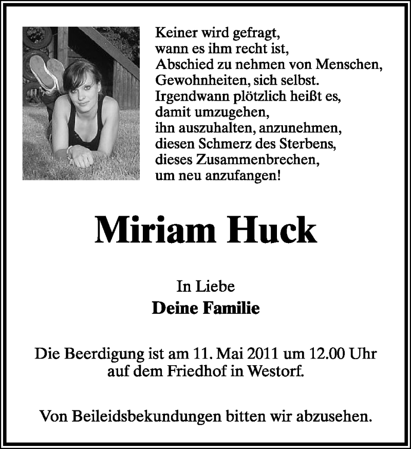  Traueranzeige für Miriam Huck vom 11.05.2011 aus Lippische Landes-Zeitung
