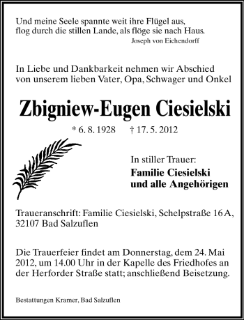 Anzeige  Zbigniew-Eugen Ciesielski  Lippische Landes-Zeitung