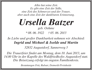 Anzeige  Ursella Batzer  Lippische Landes-Zeitung