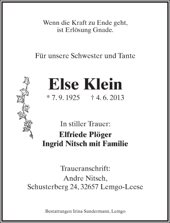 Anzeige  Else Klein  Lippische Landes-Zeitung