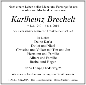 Anzeige  Karlheinz Brechelt  Lippische Landes-Zeitung