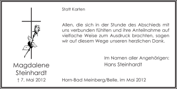 Anzeige  Magdalene Steinhardt  Lippische Landes-Zeitung