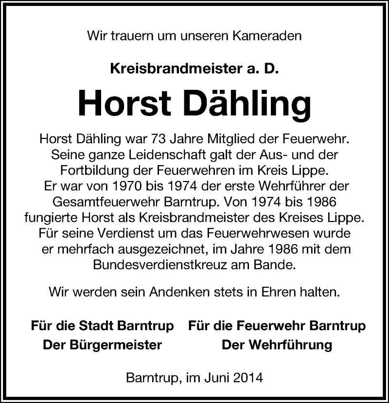  Traueranzeige für Horst Dähling vom 14.06.2014 aus Lippische Landes-Zeitung