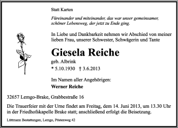 Anzeige  Giesela Reiche  Lippische Landes-Zeitung