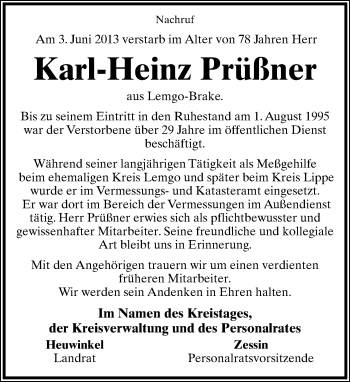 Anzeige  Karl-Heinz Prüßner  Lippische Landes-Zeitung