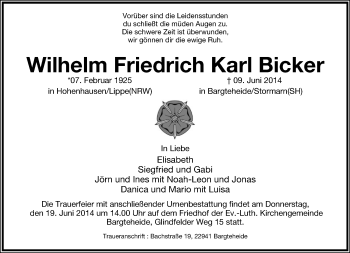 Anzeige  Wilhelm Friedrich Karl Bicker  Lippische Landes-Zeitung
