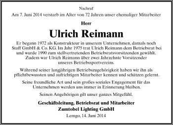 Anzeige  Ulrich Reimann  Lippische Landes-Zeitung