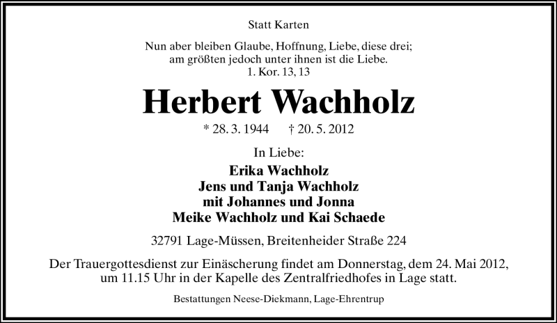  Traueranzeige für Herbert Wachholz vom 22.05.2012 aus Lippische Landes-Zeitung