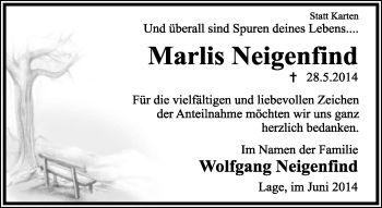 Anzeige  Marlis Neigenfind  Lippische Landes-Zeitung