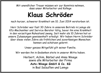 Anzeige  Klaus Schröder  Lippische Landes-Zeitung