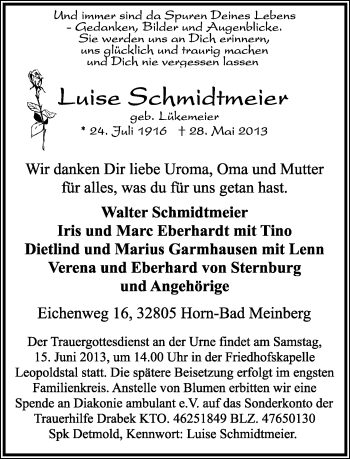 Anzeige  Luise Schmidtmeier  Lippische Landes-Zeitung