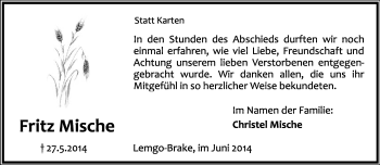 Anzeige  Fritz Mische  Lippische Landes-Zeitung