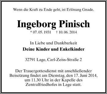 Anzeige  Ingeborg Pinisch  Lippische Landes-Zeitung