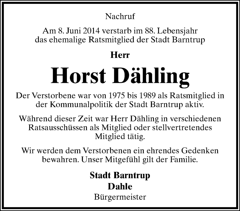  Traueranzeige für Horst Dähling vom 13.06.2014 aus Lippische Landes-Zeitung