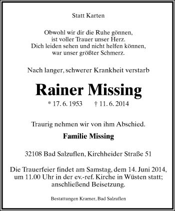 Anzeige  Rainer Missing  Lippische Landes-Zeitung