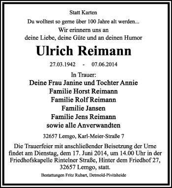 Anzeige  Ulrich Reimann  Lippische Landes-Zeitung