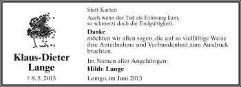 Anzeige  Klaus-Dieter Lange  Lippische Landes-Zeitung