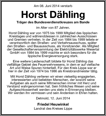 Anzeige  Horst Dähling  Lippische Landes-Zeitung