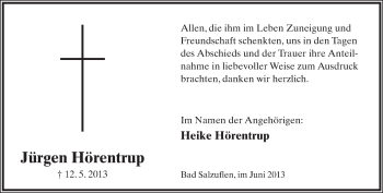 Anzeige  Jürgen Hörentrup  Lippische Landes-Zeitung