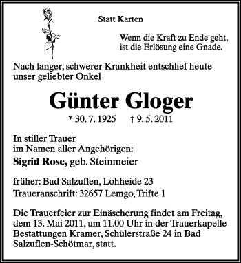 Anzeige  Günter Gloger  Lippische Landes-Zeitung