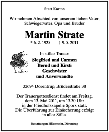 Anzeige  Martin Strate  Lippische Landes-Zeitung