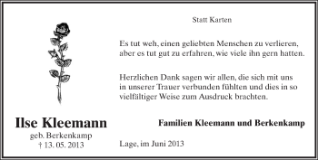 Anzeige  Ilse Kleemann  Lippische Landes-Zeitung