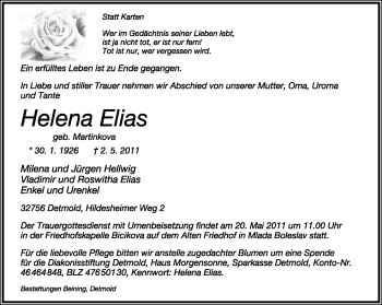 Anzeige  Helena Elias  Lippische Landes-Zeitung