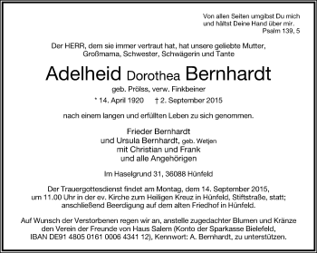 Anzeige  Adelheid Dorothea Bernhardt  Lippische Landes-Zeitung