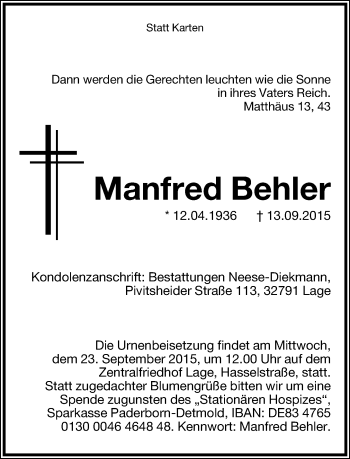 Anzeige  Manfred Behler  Lippische Landes-Zeitung