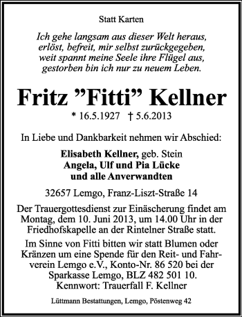 Anzeige  Fritz Kellner  Lippische Landes-Zeitung