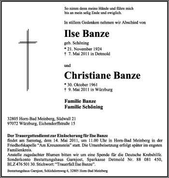 Anzeige  Ilse und Christiane Banze  Lippische Landes-Zeitung
