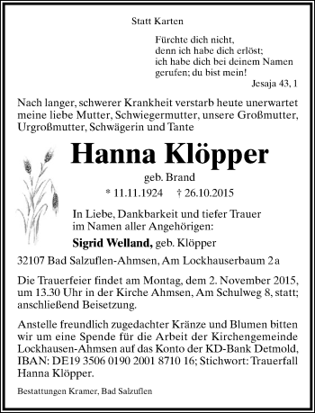 Anzeige  Hanna Klöpper  Lippische Landes-Zeitung