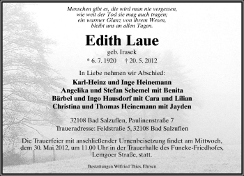 Anzeige  Edith Laue  Lippische Landes-Zeitung