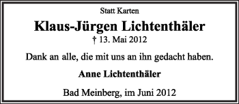 Anzeige  Klaus-Jürgen Lichtenthäler  Lippische Landes-Zeitung