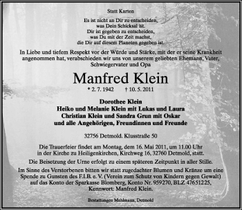 Anzeige  Manfred Klein  Lippische Landes-Zeitung