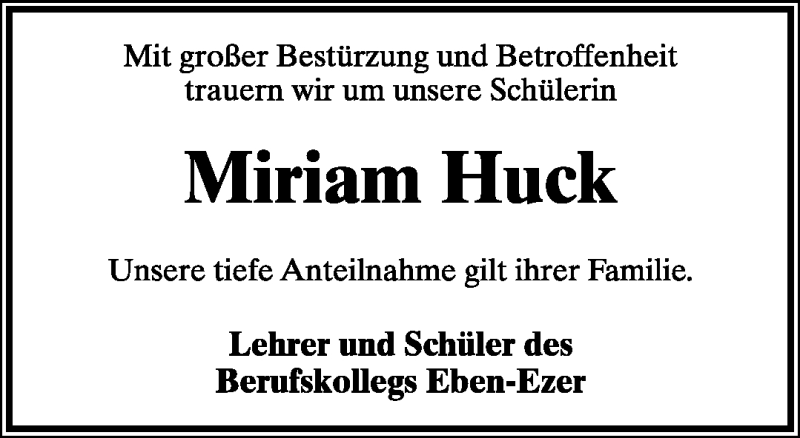  Traueranzeige für Miriam Huck vom 12.05.2011 aus Lippische Landes-Zeitung