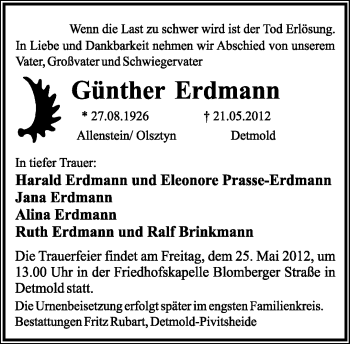 Anzeige  Günther Erdmann  Lippische Landes-Zeitung