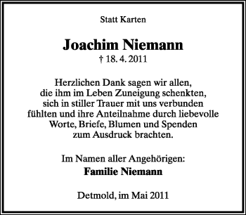 Anzeige  Joachim Niemann  Lippische Landes-Zeitung