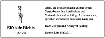Anzeige  Elfriede Richts  Lippische Landes-Zeitung