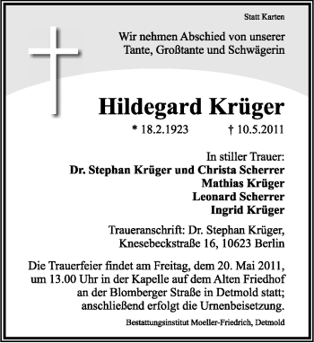 Anzeige  Hildegard Krüger  Lippische Landes-Zeitung