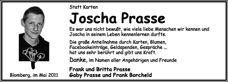  Traueranzeige für Joscha Prasse vom 14.05.2011 aus Lippische Landes-Zeitung