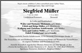 Anzeige  Siegfried Müller  Lippische Landes-Zeitung