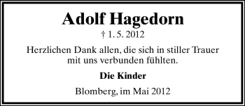 Anzeige  Adolf Hagedorn  Lippische Landes-Zeitung